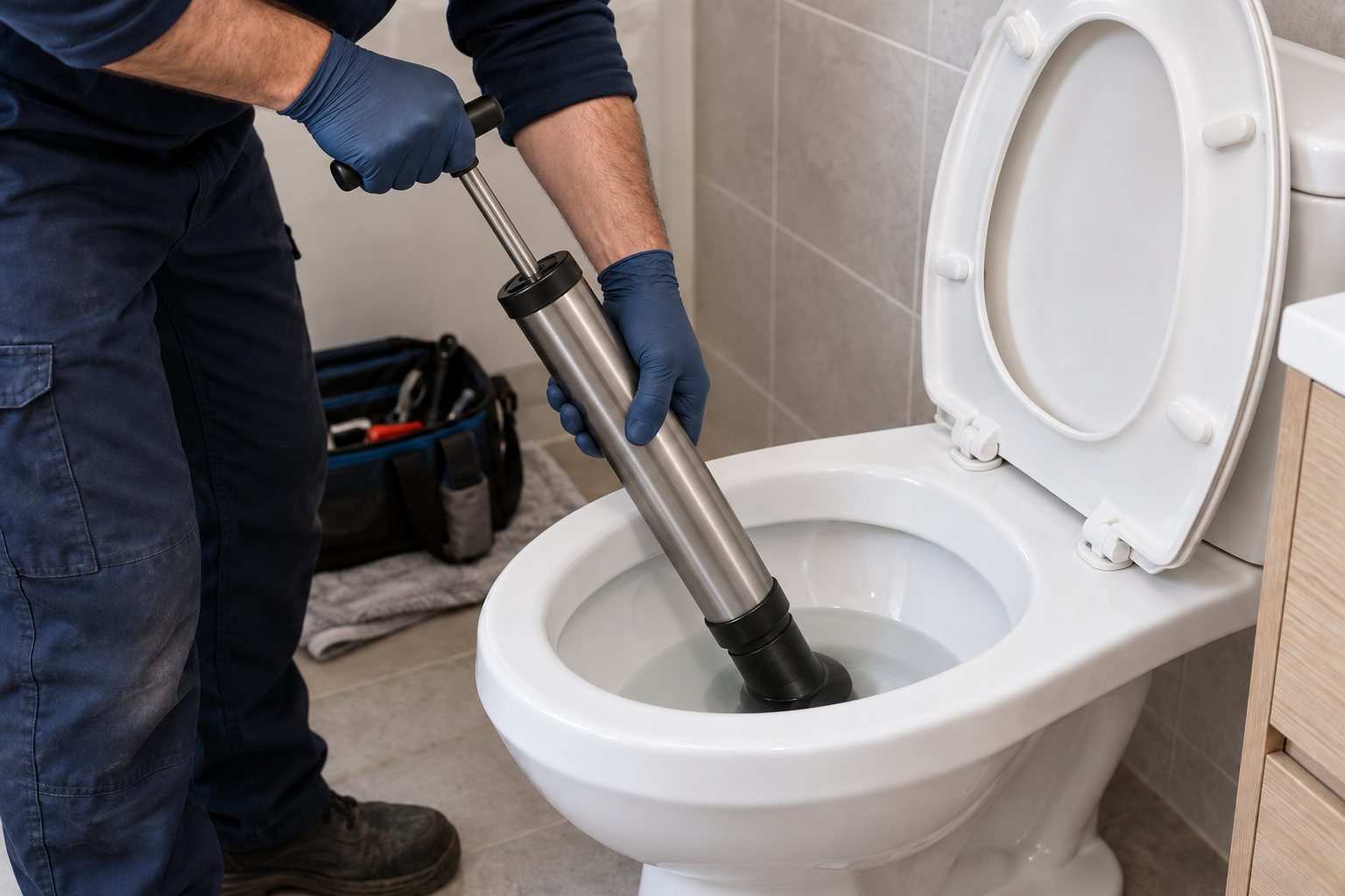 Débouchage de WC avec une pompe manuelle et son embout placé dans l’évacuation
