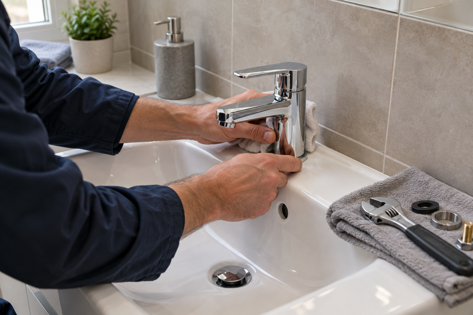 Mise en place d’un mitigeur sur un lavabo en céramique