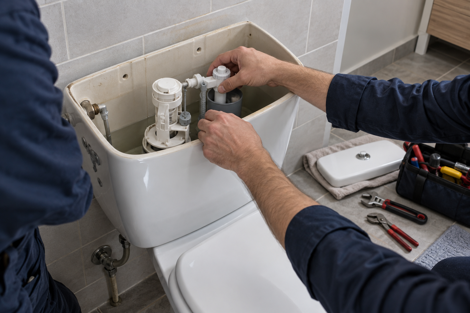 Intervention sur le mécanisme de chasse d’eau d’un WC